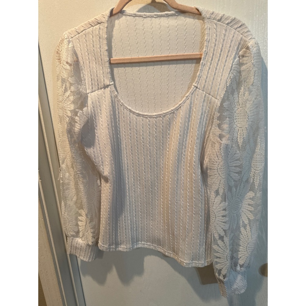 Shein Womens White Cable Knit Scoop Neck Top Floral Lace Long Sleeve Size L